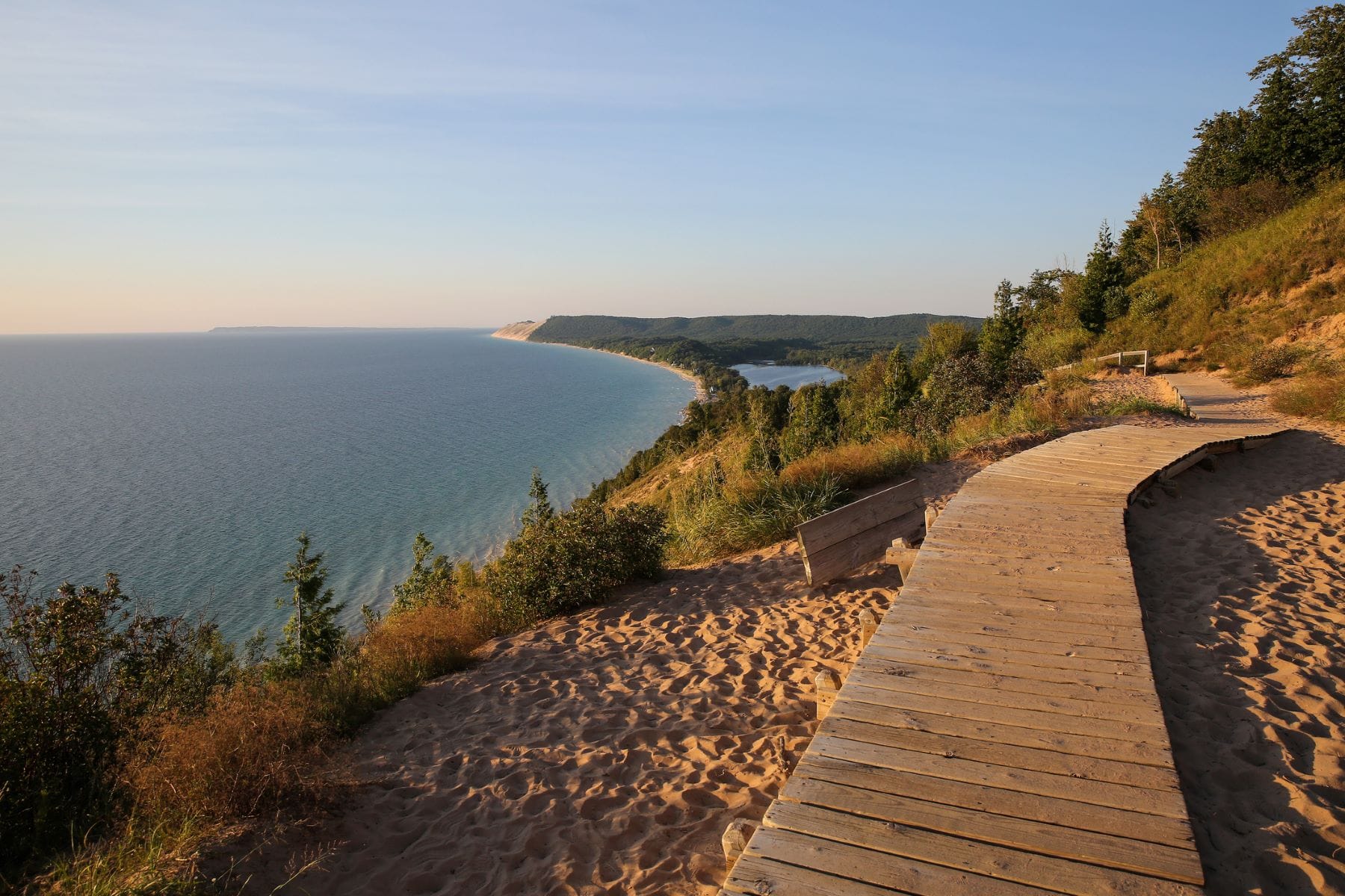 Tranquil nature scene of boardwalk at Empire Bluff Scenic Lookout on Lake Michigan